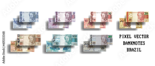Vector set of pixelated mosaic banknotes of Brazil. Brazilian cash. The denomination of bills is 2, 5, 10, 20, 50, 100 and 200 reais.
