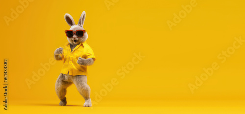 Cute rabbit with sunglasses dancing isolated on yellow background. Generative AI