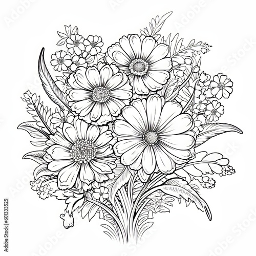 a black and white drawing of a bouquet of flowers
