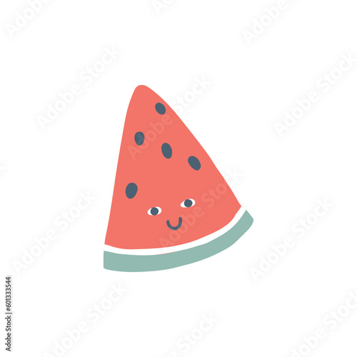 Triangle watermelon character icon with smiley face. Hand-drawn cartoon doodle in simple naive style. Vector illustrations in a pastel palette for kids. Isolate cute fruit on a white background.