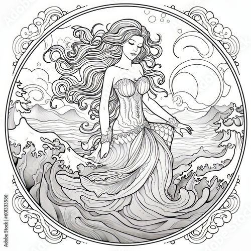 a drawing of a mermaid with waves in the background
