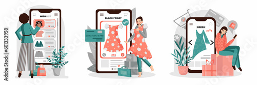 Modern ladies purchasing new garments in online boutiques