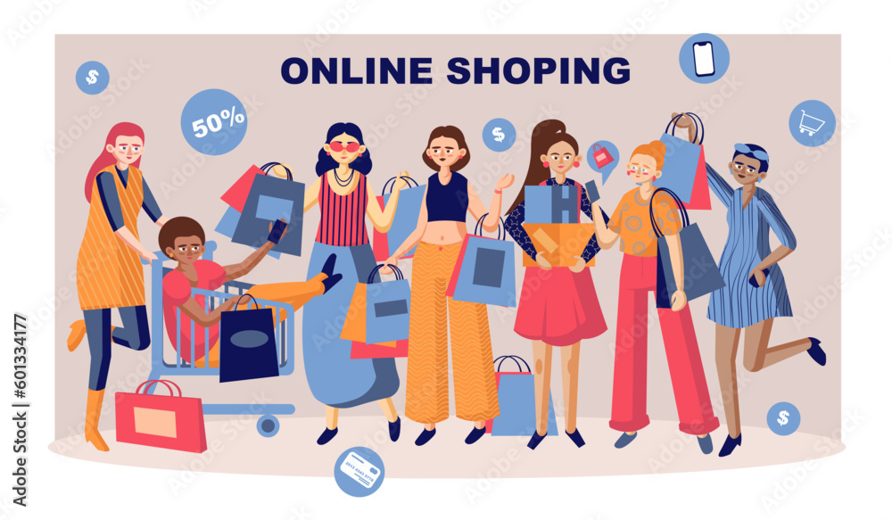 Female shoppers purchasing discounted garments online