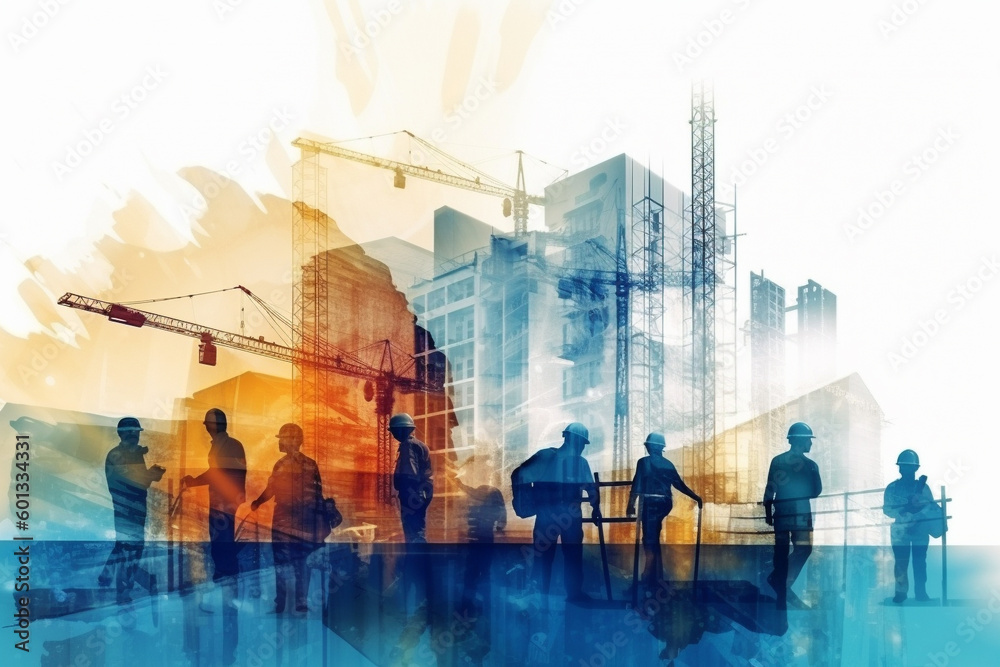 Construction site with workers and cranes, created using a double ...