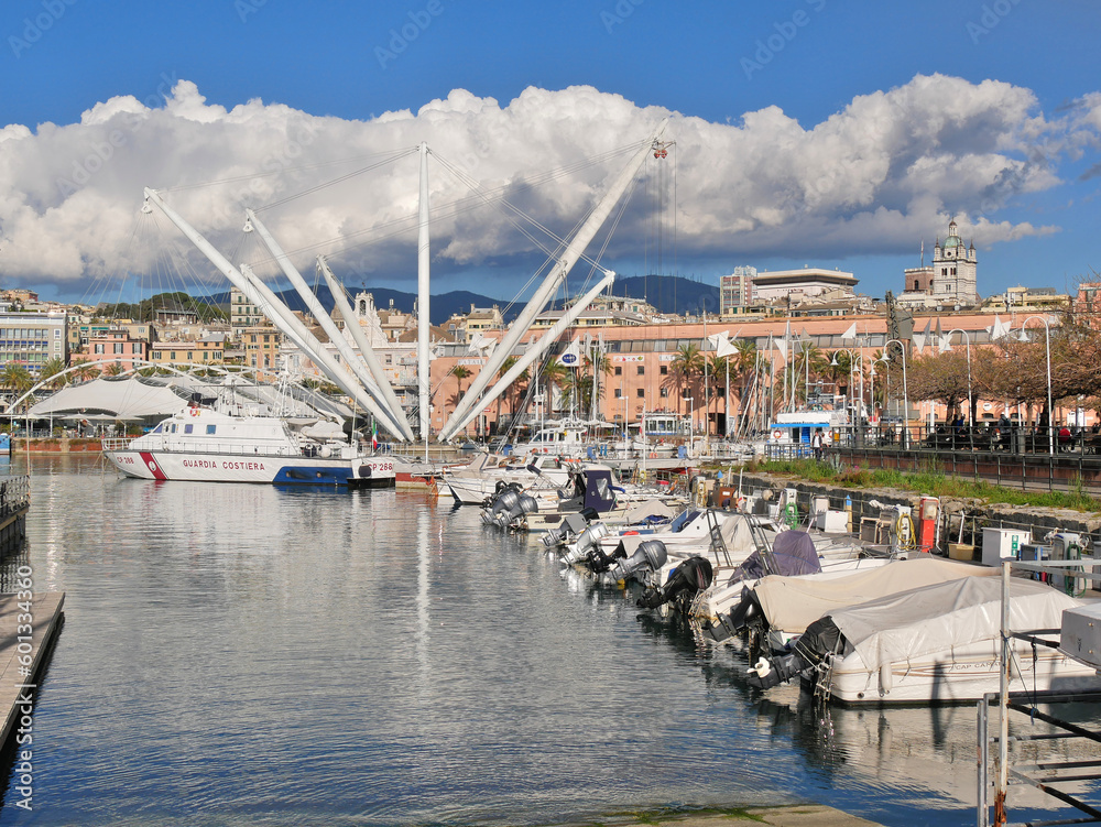 Genoa, Italy - 04 02 2023 : Boats and Bigo in Genoa old port. 
