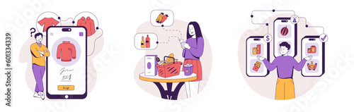 Three buyers purchasing foodstuffs and clothing over web