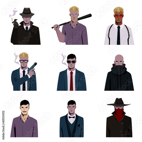 Man with gun secret agent avatar character mascot illustration vector set