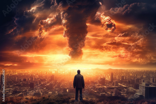 The End of All Things. Man watching the destruction of the world, featuring a giant atomic explosion, emphasizing the need for peace, diplomacy, and international cooperation. Ai generated