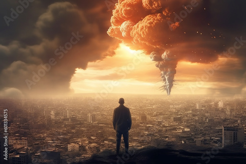 The End of All Things. Man watching the destruction of the world, featuring a giant atomic explosion, emphasizing the need for peace, diplomacy, and international cooperation. Ai generated