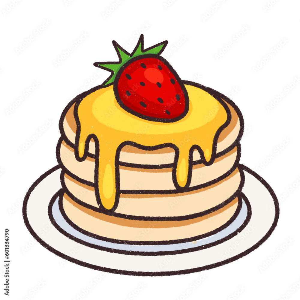 Pancakes topped with cheese, strawberries and melted honey on a white plate. Illustration, drawing Pancakes topped with cheese, strawberries and melted honey on a white plate. Illustration, drawing