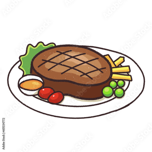 Delicious medium rare steak on white plate with french fries tomato and salad illustration drawing