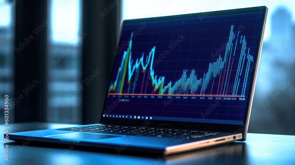 Modern laptop screen displays a line graph representing a positive trend in profit growth. Generative AI Modern laptop screen displays a line graph representing a positive trend in profit growth. Generative AI