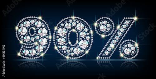 Numerals ninety 90 percent made of sparkling diamonds. Sale, discount symbol. Realistic vector on black background with reflection