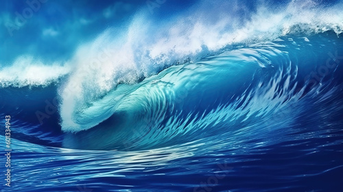 Blue sea wave with white foam background. Generative Ai