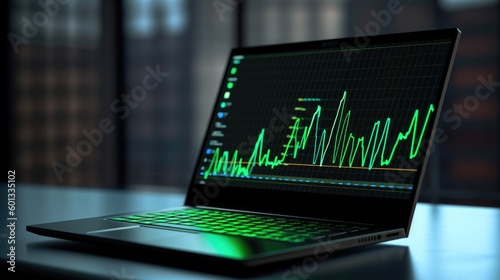 Modern laptop screen displays a line graph representing a positive trend in profit growth. Generative AI