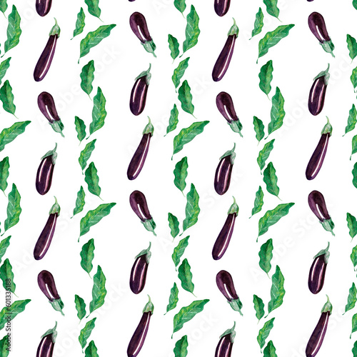 Watercolor seamless pattern with ripe shiny eggplants
