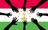 Group of Tajikistan people gathering hands vector silhouette, unity or support idea