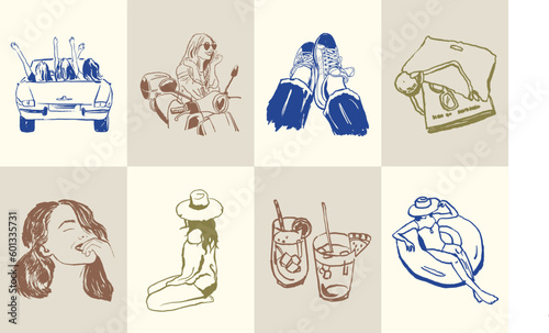 Abstract boho style flowers and female silhouettes vector illustration collection