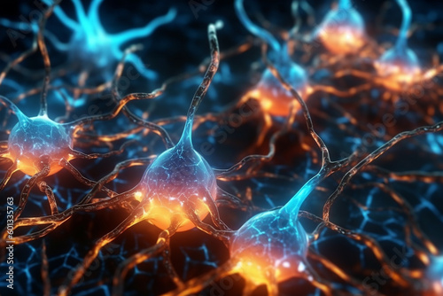 Neural network made of neurons with connected bioluminescent elements  featuring a close-up detail of the intricate web of neural connections. Ai generated