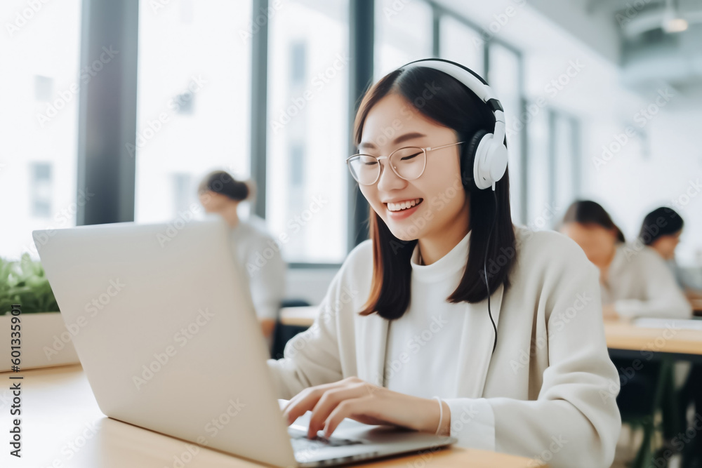 A young and enthusiastic Asian woman posing confidently in front of her laptop, surrounded by a vibrant and modern office environment. A young and enthusiastic Asian woman posing confidently in front of her laptop, surrounded by a vibrant and modern office environment.