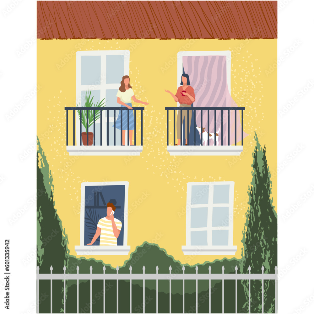 Vector balcony window with people on quarantine