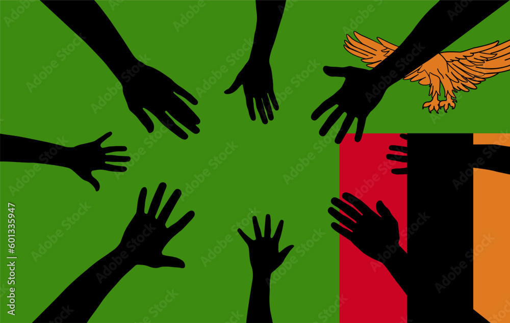 Group of Zambia people gathering hands vector silhouette, unity or support idea Group of Zambia people gathering hands vector silhouette, unity or support idea