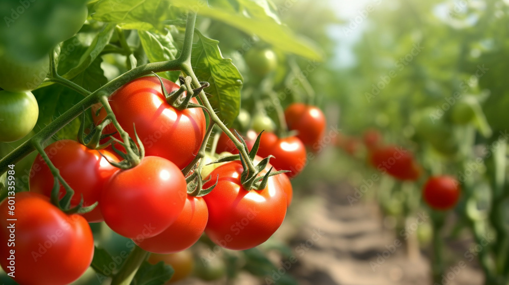 Close-up of ripe red tomatoes on a branch in the garden. Selective focus.Organic and Non-GMO Field Crop Concepts.