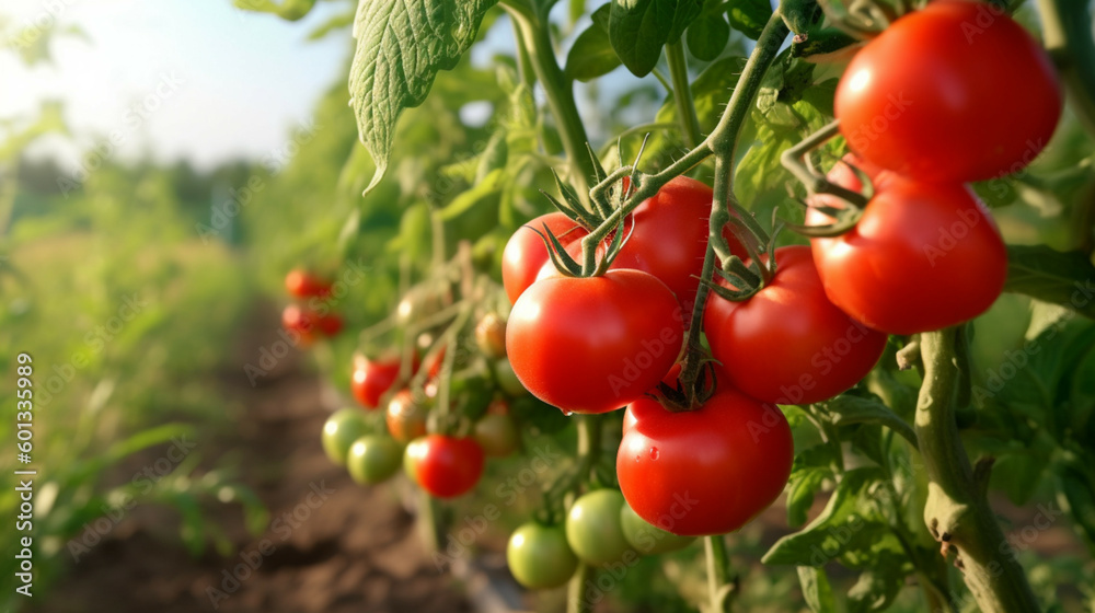 Close-up of ripe red tomatoes on a branchin in farm field,selective focus.Organic and Non-GMO Field Crop Concepts.