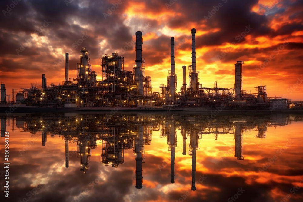 Naklejka premium Oil refinery at sunset, depicting the industrial landscape and the interplay of light and shadow. The artwork conveys the beauty and the environmental impact of the oil and gas industry. Ai generated
