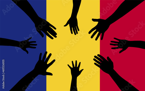Group of Romania people gathering hands vector silhouette, unity or support idea