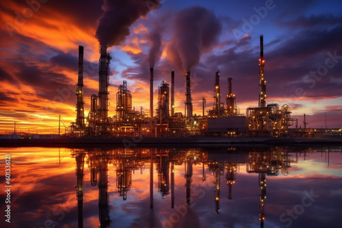 Oil refinery at sunset  depicting the industrial landscape and the interplay of light and shadow. The artwork conveys the beauty and the environmental impact of the oil and gas industry. Ai generated