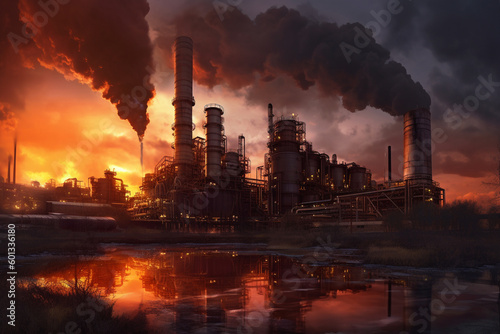 Oil refinery at sunset, depicting the industrial landscape and the interplay of light and shadow. The artwork conveys the beauty and the environmental impact of the oil and gas industry. Ai generated