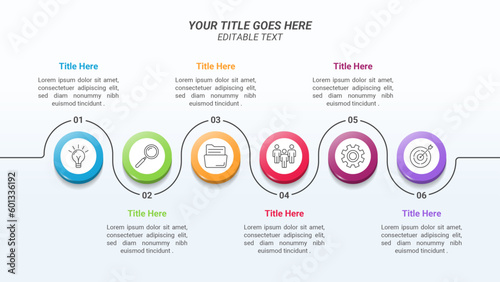 Flowchart Infographics From 1 Up to 6 Steps with Isometric Circle and Icon on a 16:9 Ratio Layout for Business Goals, Business Reports, and Website Design.