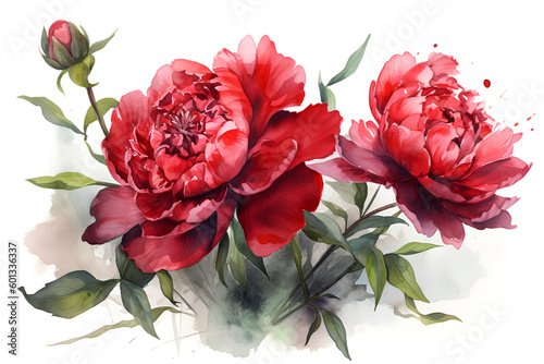 Watercolor realistic picture of a red peony flower. Floral vintage arrangement. Botanical illustration for greeting cards, bouquets, wreaths, wedding invitations and summer backgrounds, anniversary.