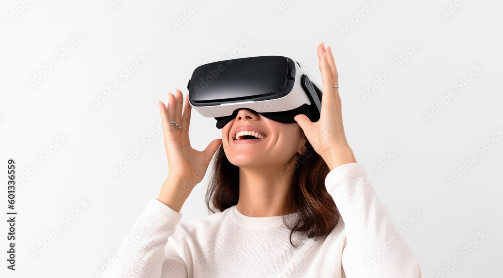 Ilustracion de una Mujer que lleva un casco de realidad virtual con una expresión feliz sobre fondo blanco. Ilustracion de IA generativa Ilustracion de una Mujer que lleva un casco de realidad virtual con una expresión feliz sobre fondo blanco. Ilustracion de IA generativa