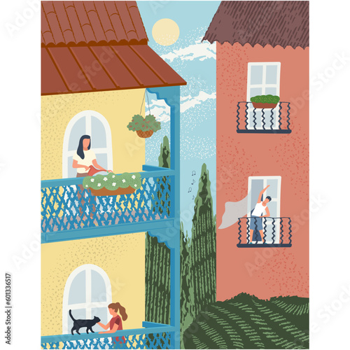 Vector balcony window with people on isolation