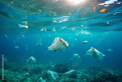 Impact of plastic pollution on the oceans  featuring plastic bags floating in the water and polluting the marine environment. Ai generated