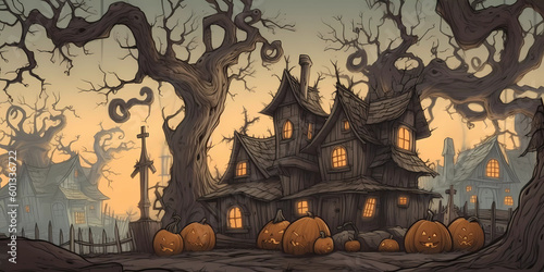 Haunted house with gnarly trees and many Jack-o'-lanterns