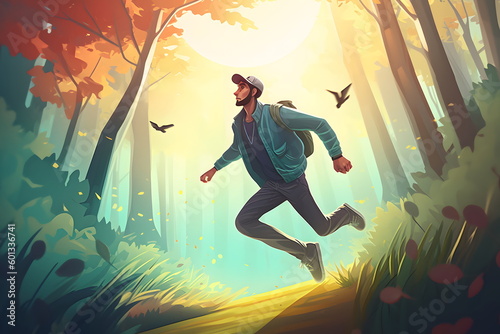 Man running through forest with bird flying over his head on sunny day. Generative AI.