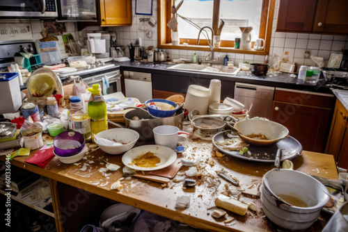 Messy kitchen with dirty dishes on the counter and dishes on the counter. Generative AI.