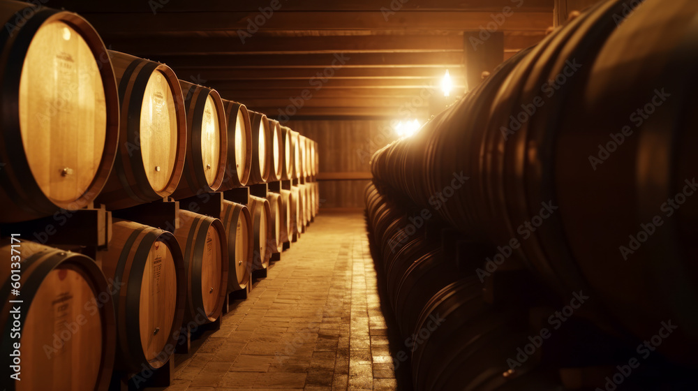 Row of wine barrels in wine cellar with light shining on them. Generative AI.