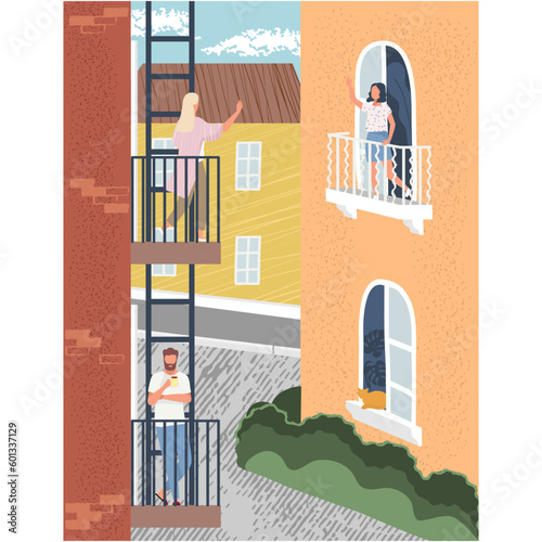 Vector balcony window with people keep distancing