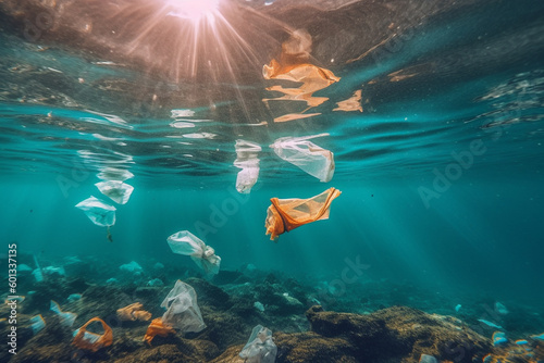 Impact of plastic pollution on the oceans, featuring plastic bags floating in the water and polluting the marine environment. Ai generated
