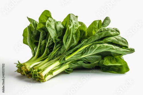 Pile of green leafy vegetables on white surface with white background. Generative AI.
