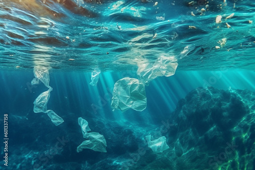 Impact of plastic pollution on the oceans, featuring plastic bags floating in the water and polluting the marine environment. Ai generated