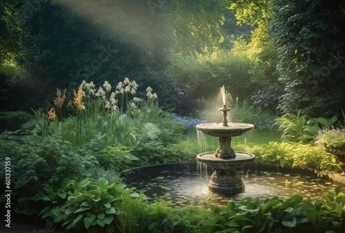 beautiful summer gardens a water fountain surrounds and creates the perfect setting, generative ai