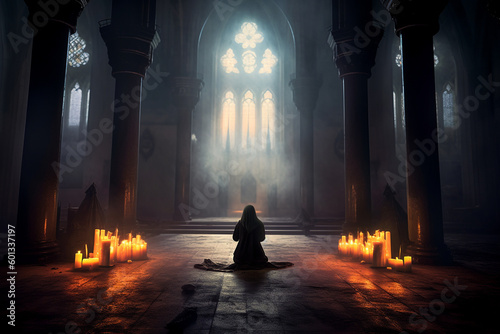 Person on their knees, praying in a gothic church with candles. The artwork depicts the spiritual and mystical experience of connecting with the divine. Ai generated