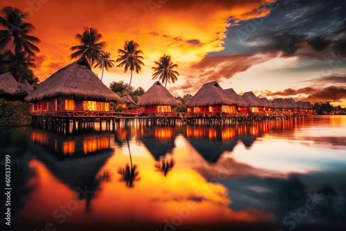 Sunset view of tropical resort with thatched huts and palm trees. Generative AI.