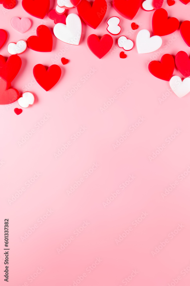 Valentine's day background with red and white hearts on pink background. Generative AI.