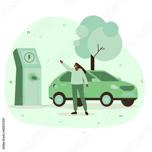 Vector illustration of a girl driving an electric car. Charging electric car. Environment protection. Air without harmful emissions.